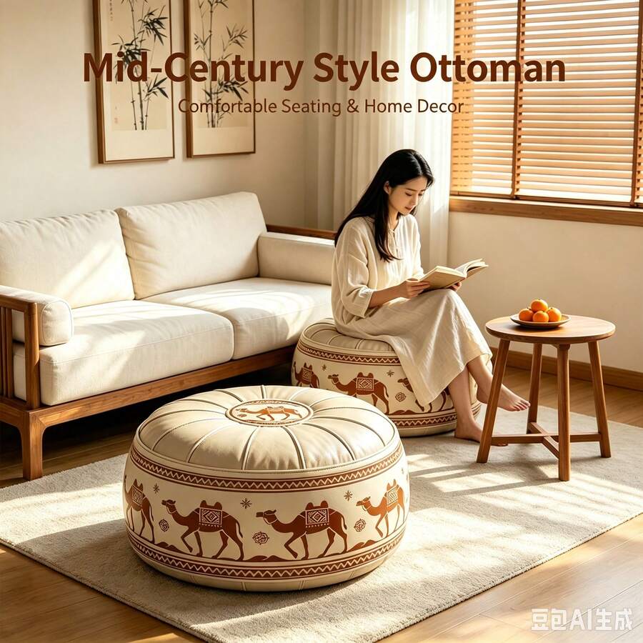 Vintage Bohemian Camel Print Ottoman Footstool, Premium Waterproof Faux Leather Round Stool, Thick Stitched Soft Padded Top, Multifunctional Footrest/Extra Seating, Bohemian, Mid-Century And Modern Home Decor Storage Stool - Multicolor - View 1