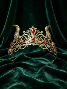 1pc Demon Horn With Evil Eye Crown, Vintage Metal Rhinestone Headband, Women's Halloween Witch Cosplay Party Costume Hair Accessory - Golden Red - View 1
