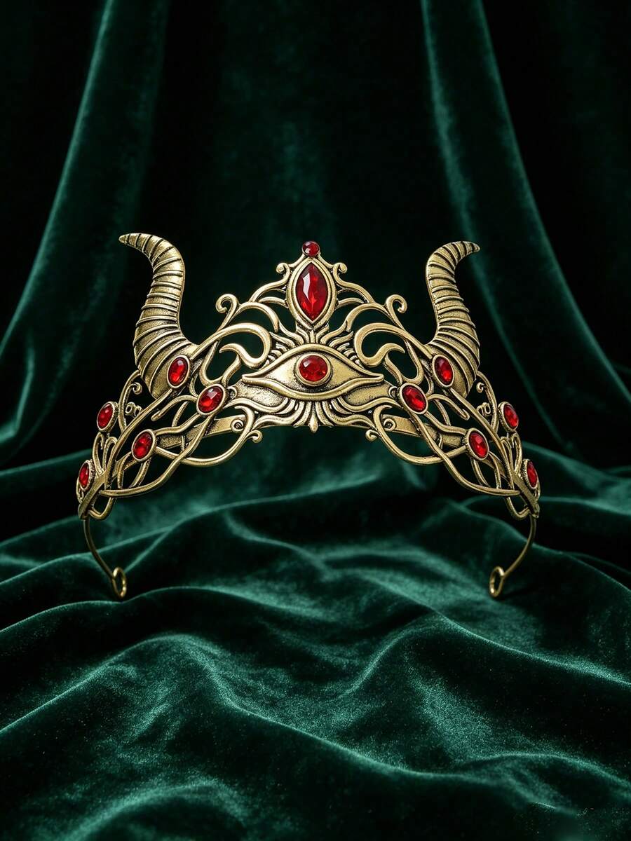 1pc Demon Horn With Evil Eye Crown, Vintage Metal Rhinestone Headband, Women's Halloween Witch Cosplay Party Costume Hair Accessory - Golden Red - View 1