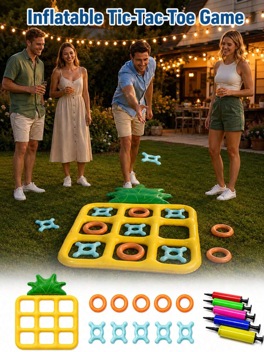 Inflatable Ring Toss Game Set, Reusable Portable Easy-To-Operate Giant Inflatable Pineapple Tic Tac Toe And Toss Game, Suitable For Beach Camping Garden Holiday Outdoor Fun Backyard Activities Party Back To School Gift, Fits Adults Teens Families 2-10 Players - Tic-tac-toe - View 1