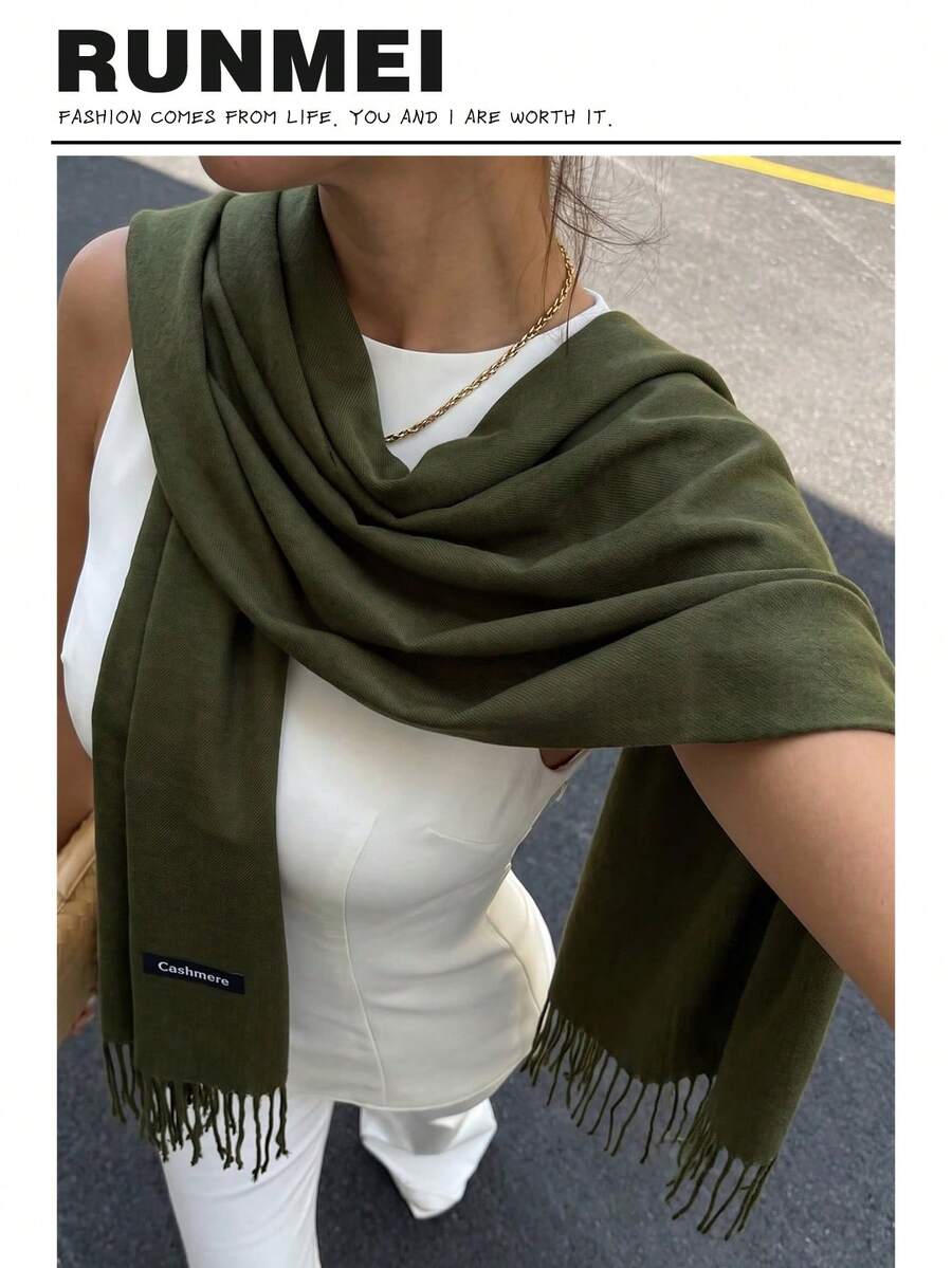 1pc Women's Classic Minimalist Cashmere Scarf, Daily Neck Scarf, Versatile Bow Tie Accessory, Suitable For Women's Daily And Commute Looks - Army Green - View 1