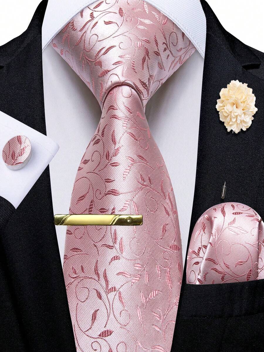 Set 5 Buah Kancing Dasi Pria Motif Tanaman Tropis Jacquard Warna Pink, Kancing Saku, Kancing Boutonniere, Klip Dasi, Pola Kancing Acak, Aksesori Jas untuk Pernikahan - Berwarna merah muda - View 1