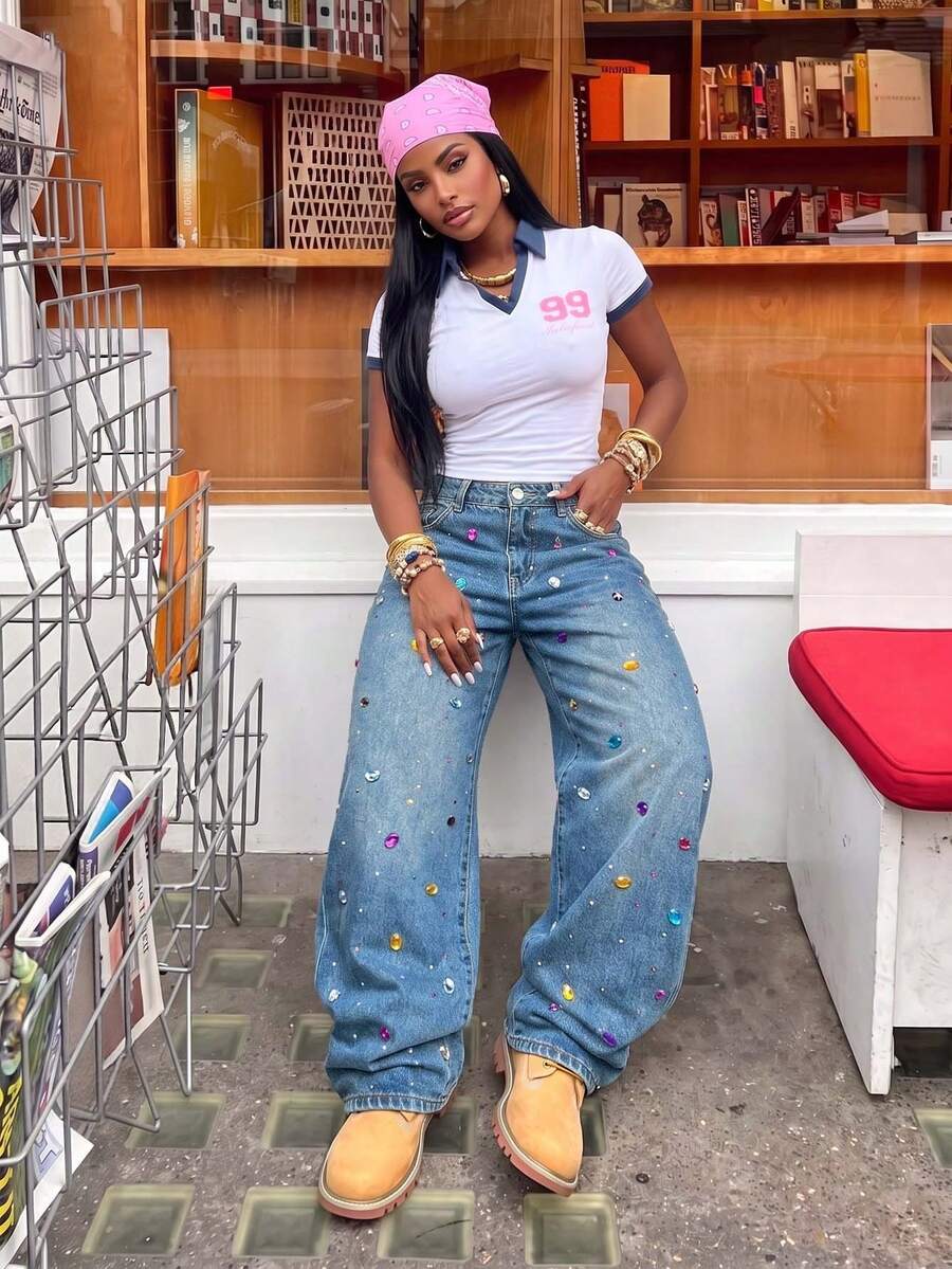 Pearl Decor Low Waist Wide Leg Casual Blue Jeans With Slant Pockets For Women Spring Fall - Royal Blue - View 1