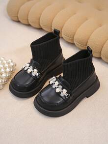 1 Pasang Sepatu Bot Pendek Rajut untuk Bayi Perempuan dengan Dekorasi Metalik, Nyaman dan Ringan, Cocok untuk Pemakaian Sehari-hari di Musim Gugur/Musim Dingin - Hitam - View 1