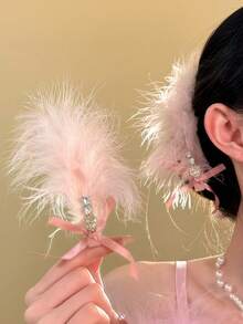 2pcs Women's Bow-Shaped Rhinestone Feather Hair Clips, New Style Side Hair Clips , Hair Accessories, Headwear - Multicolor - View 2