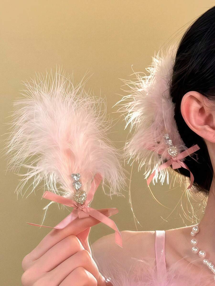 2pcs Women's Bow-Shaped Rhinestone Feather Hair Clips, New Style Side Hair Clips , Hair Accessories, Headwear