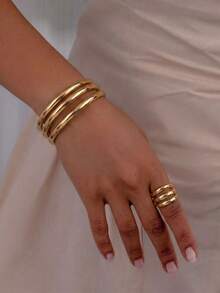 2pcs/Set Fashion Triple-Line Tubular Polished Metal Open Bangle & Ring Jewelry Set, Suitable For Women's Daily Wear And Party Use - Gold - View 3