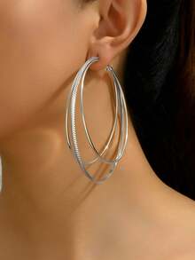 1 Pair Exaggerated Triple Layer Large Hoop Earrings, Minimalist Elegant Versatile Personalized Hip-Hop Ear Hoops - Silver - View 2