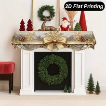 1PC 2D Flat Vintage Gold Bow Christmas Fireplace Table Runner, Pine Branch Pine Cone Gold Snowflake Print, Christmas Fireplace Decor, Luxury Winter Holiday Home Atmosphere Decoration, Home Wall Art Decor, Garden Outdoor Decor, Indoor Outdoor, Polyester - Multicolor - View 5
