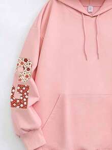 Double Print Psalm 23 Floral Patchwork Letter Hooded Sweatshirt, Healing Spiritual Atmosphere Daily Layering Top Pink Casual Fall - Pink - View 4