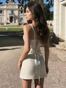 Women 2pcs Set Spaghetti Strap Crop Top + Fitted Mini Skirt With Bow Ribbon, Suitable For Cocktail Party, Outing, Autumn/Winter - Apricot - View 6