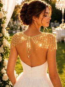 Luxury Fashion Bridal Wedding Shoulder Chain Jewelry, Sparkling Rhinestone Elegant Charming Evening Dress Body Chain Accessory - Gold - View 1