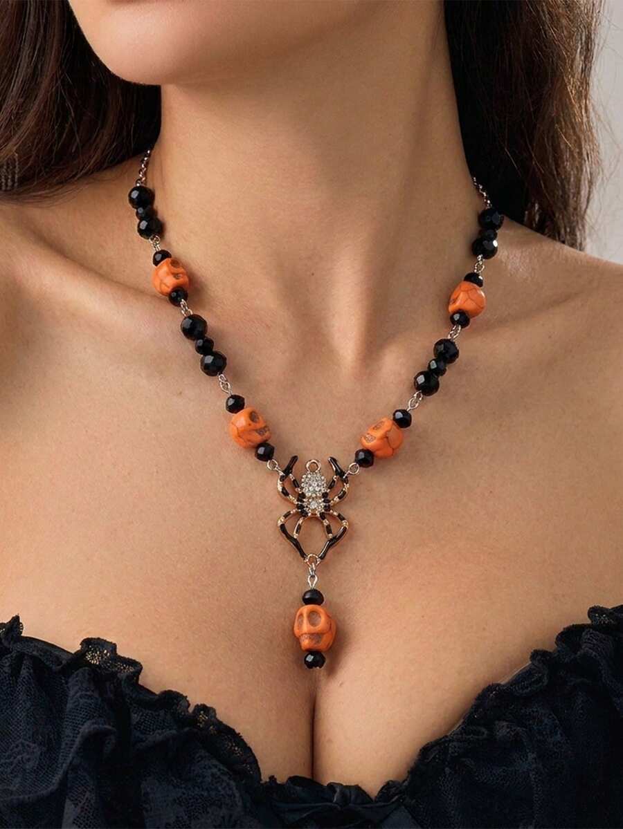 Halloween Spider Pendant Necklace - Retro Orange And Black Bead Collar Chain - Party Decoration For Holiday Events - Multicolor - View 1