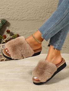 Korean Style Minimalist Fluffy Open Toe Slippers Flat Non-Slip Thick Sole One-Strap Fuzzy Slides - Khaki - View 5