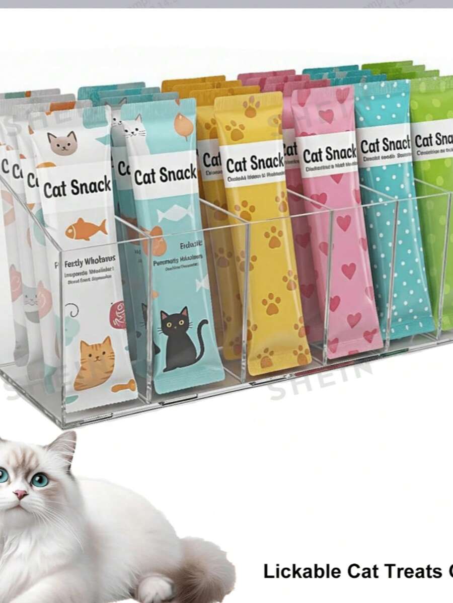 1pc Snack Storage Box, Acrylic Countertop Snack Organizer, Squeeze-Type Cat Food Storage Container With Removable Dividers, Wet Cat Treat Storage Box, Suitable For Kitchen Cabinets And Pantries - Normal - View 1