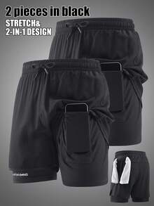 2pcs/Set Men's 2-In-1 Fitness Shorts, Outdoor Sports Running Breathable Quick-Dry Printed Shorts Black - Black - View 1