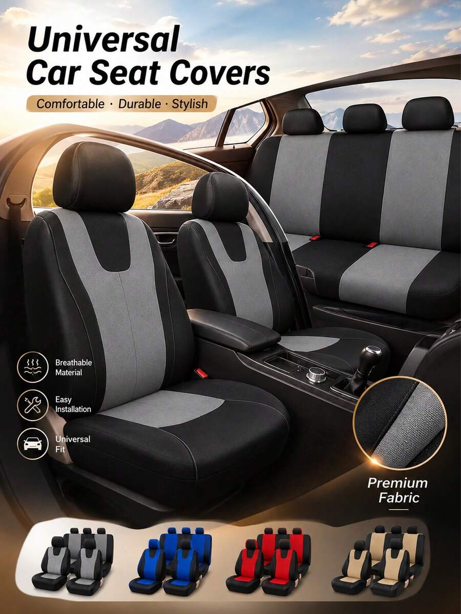 Juego de 9 piezas de fundas para asientos de coche estilo chaleco flexible con ribete decorativo incorporado, protectores de cojín de asiento elásticos y transpirables, aptos para sedanes familiares, SUV y camionetas - Un estilo - Ver 1