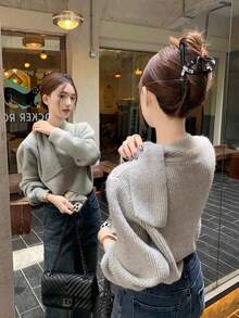[Y6Y] Sweater Rajut Wanita Kerah Semi-Tinggi dengan Ikatan Depan, Atasan Pullover Lembut & Hangat untuk Musim Gugur/Musim Dingin, Gaya Elegan - Grey - View 2