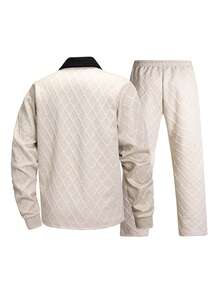 2pcs Khaki Diamond Embossed Jacquard Polo Set, Half-Zip Pullover + Straight Leg Pants, 3D Textured Soft Knit Fabric, Machine Washable, Minimalist Vacation Style, Early Autumn Short Trip Holiday Outfit - Khaki - View 5