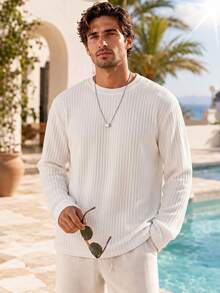 1pc White Vertical Textured Solid Color Men's T-Shirt, Crew Neck Loose Fit Long Sleeve Top, Soft Ribbed Knit Fabric, Clean Silhouette Flattering Fit, Versatile Layering Piece, Minimalist Vacation Style, Suitable For Shopping, Dating, Vacation And Travel - White - View 2