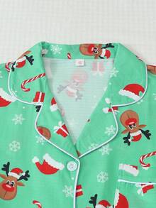 2pcs/Set Comfortable Christmas Reindeer Print Long Sleeve Lapel Top And Bowknot Long Pants Women's Pajama Set - Green - View 3