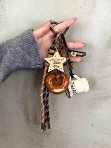 Cute Salted Pretzel Coffee Cup Keychain, Bag Decoration, Wooden Star Pendant Bag Charm, Bag Accessory, Aesthetic Braided Rope Key Accessory, Suitable For Backpacks And Handbags - Multicolor - View 10