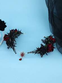 Gothic Black Red Rose Forehead Headpiece Red Teardrop Crystal Pendant Dark Bridal Wedding Hair Accessory For Halloween Cosplay Party - Black - View 3