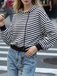 Women Fall Elegant Drawstring Hoodie, Striped Print Long Sleeve Cropped Loose Fit Holiday Festival Daily Tops - Black and White - View 8