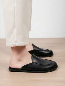 Plus Size Men's Leather Closed-Toe Mule Loafer Slippers, Backless Slouchy Slides With Reinforced Stitching And Skin-Friendly Lining - Black - View 8