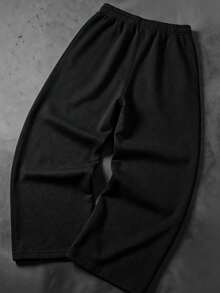 Men's Black Drawstring Straight Leg Sweatpants, Diagonal Split Panel Design With Small Label Decoration, High Waist Tie Design, Knitted Fabric, Loose Drape Casual Pants, Minimalist Daily Commute Trousers, Suitable For Commuting, Streetwear, Home Leisure, Vacation Travel - Black - View 4