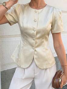 Unadoll Women's Autumn Cream Satin Blouse, Elegant Puff Sleeve Slim Fit Front Button Top, Suitable For Back To School Season And Daily Parties - Light Apricot - View 8