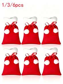1/3/6pcs Christmas Gift Bags, Christmas Drawstring Bags, Christmas Red & Green Plush Small Gift Bags, White Pom Pom Decor, White Faux Fur Ribbon Drawstring Design, Christmas Gift Bags First Choice - Multiple Styles - View 1