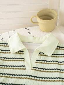 Girls' Casual Fashion Striped Collared Long Sleeve Top And Elastic Waist Wide Leg Pants 2 Pieces Set, Spring/Autumn - Brown - View 3