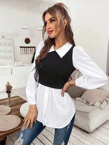 Plus Size Collared Long Sleeve Shirt, Button Detail Design, Layered Style, Suitable For Casual Or Office Wear, Flowy Hem Woven Fabric Top - Black and White - View 4