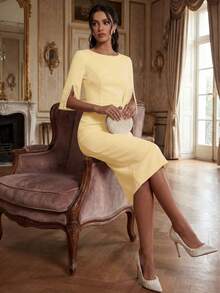 Solid Color Casual Elegant Retro French Style Waist Slimming Office Daily Date Commute Faux Pearl Decor Round Neck Dress, White Summer Yellow - Yellow - View 4