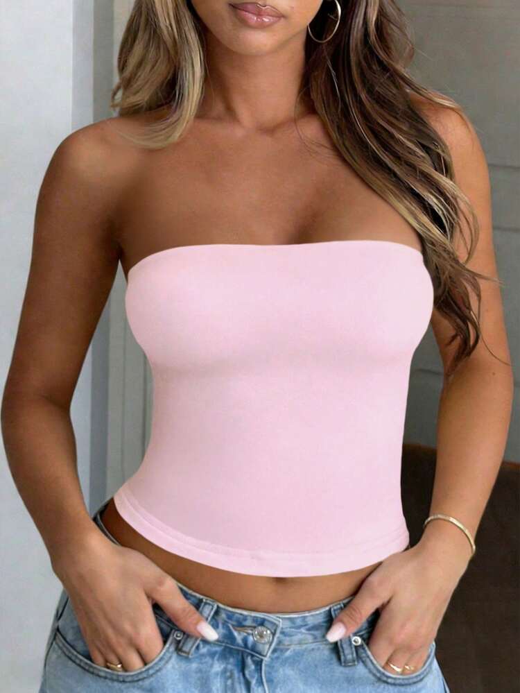 GLAMSKIN Women's Sexy Strapless Top, Street Style Beach Vacation Back To School Pink Casual - Pink - View 8