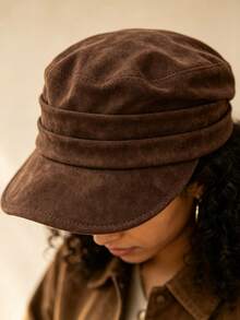 Women Faux Suede Newsboy Cap, Pleated Face-Slimming Hat, Adjustable Maillard Style, Fall Winter Essential - Solid Color Flat Top Newsboy Cap - View 2