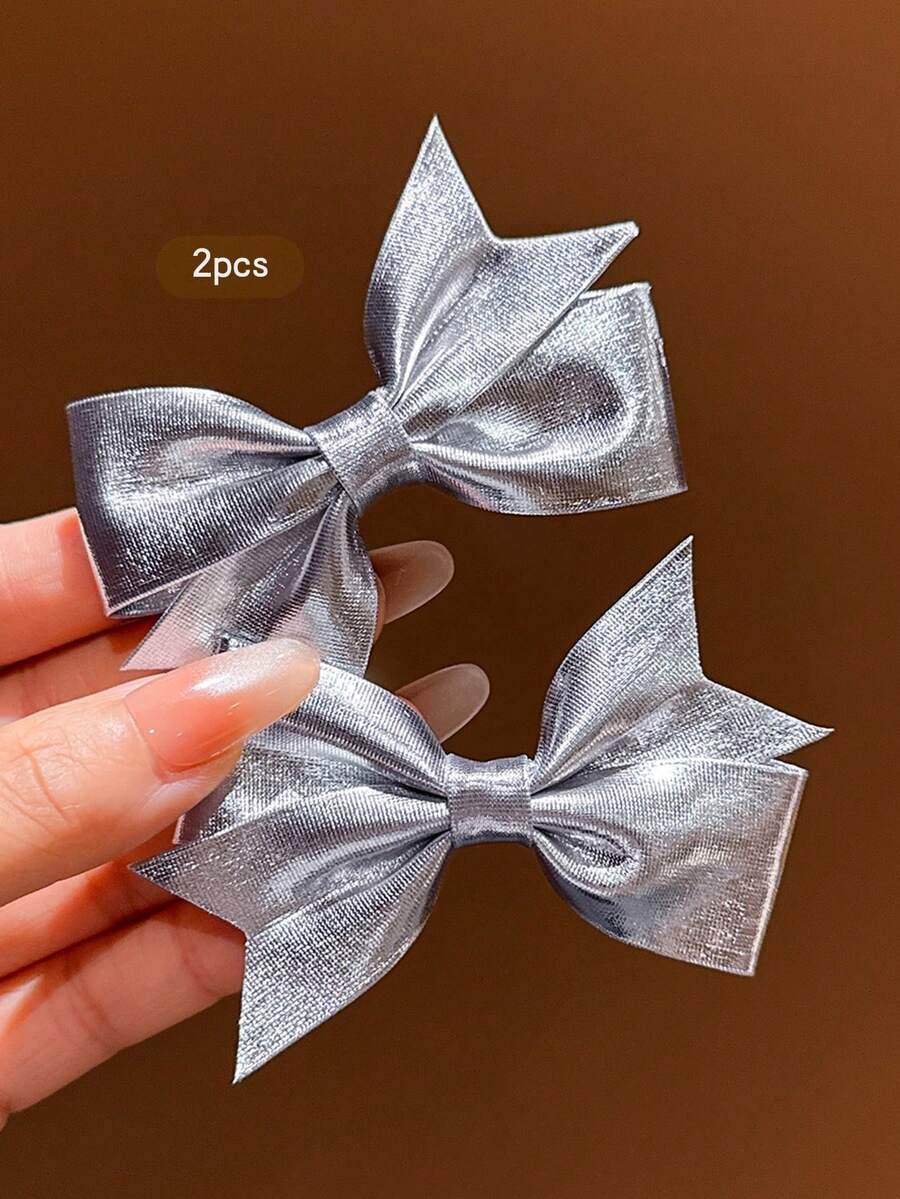 2pcs Silver Bow Hair Clips, Minimalist Style Hair Accessories Suitable For Daily Wear