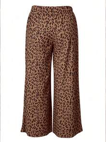 Women's Plus Size Leopard Print Ribbed Straight Leg Drawstring Casual Fashion Autumn Pants - Mocha Brown - View 5