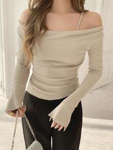 ROSIE POPHUB Women's Asymmetric Off‑Shoulder Spaghetti Strap Long Flare Sleeve Crop Top Slim‑Fit Casual Blouse For Daily Commute Fall & Winter - Beige - View 4