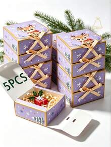 Christmas Gift Boxes With Ribbon, 4.53 * 4.53 * 1.97 In Purple Reindeer Paper Treat Box, Xmas Party Favor Candy Cookie Gift Packaging Box - View 13