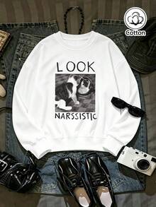 Women's Loose Fit Crew Neck Sweatshirt With Cat Print & 'Look Narssistic' Text, Casual Pullover, Breathable & Comfy For Spring/Autumn Daily Wear, - White - View 3