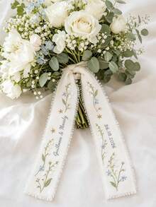 Personalized Wedding Bouquet Ribbon - Customizable Name And Date Floral Tapestry, Perfect For Bridal Shower, Birthday And Graduation Ceremony - Made Of Polyester, Elegant Design, Ideal For Wedding Guest Gifts And Celebration Decor, Sophisticated Style, Exquisite Craftsmanship. - Multicolor - View 5