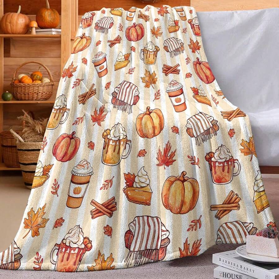 1pc Striped Autumn/Winter Blanket, Pumpkin Coffee Maple Leaf Pattern, Thanksgiving Atmosphere Sofa Throw Blanket, Soft Home Sofa Bedroom Holiday Blanket - Multicolor - View 1