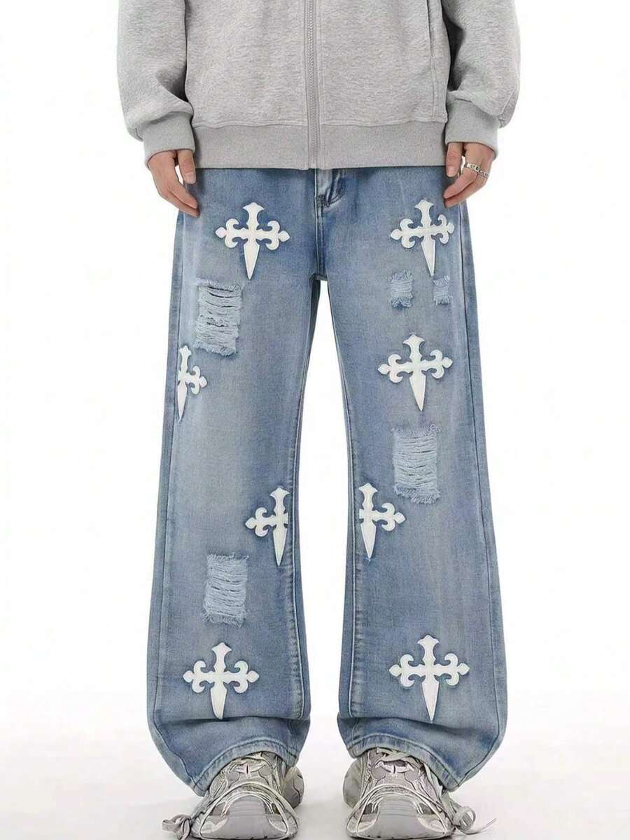 Boys Casual Elastic Waist Distressed Denim Jeans, All Season - Light Wash - View 1