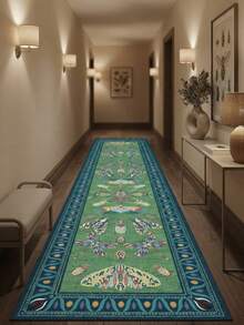 1PC Vintage Symmetrical Insect Pattern Peacock Green Long Runner Rug, Bohemian Style Faux Cashmere Rectangular Butterfly Moth Dragonfly Design Machine Washable Long Floor Mat, Suitable For Living Room Hallway Entryway Home Decor - Multicolor - View 7