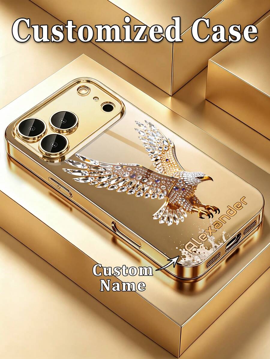 1pc Customized Name Printed Gold Foil Background Rhinestone Studded Eagle Wings Pattern High Definition Electroplated Gold Glass Phone Case Compatible With Apple Duo/18ProMax/17ProMax/16Pro/15/14Plus/13Pro/12ProMax/11/XsMax/8/7/6Plus Phone Accessories - Gold - View 1