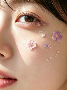 1pc Soft Atmosphere Pink & Purple Floral Face Decoration Sticker, Light-Toned Pink & Purple White Flowers With Delicate Petals, Glue-Free Face Makeup Accessory For Party, Performance, Photography And Facial Styling - Multicolor - View 4