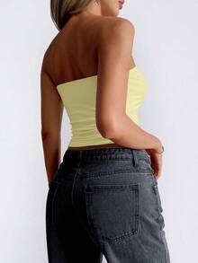 Women's Plus Size Summer Sexy Fitted Knit Tube Top Solid Color Yellow - Yellow - View 2