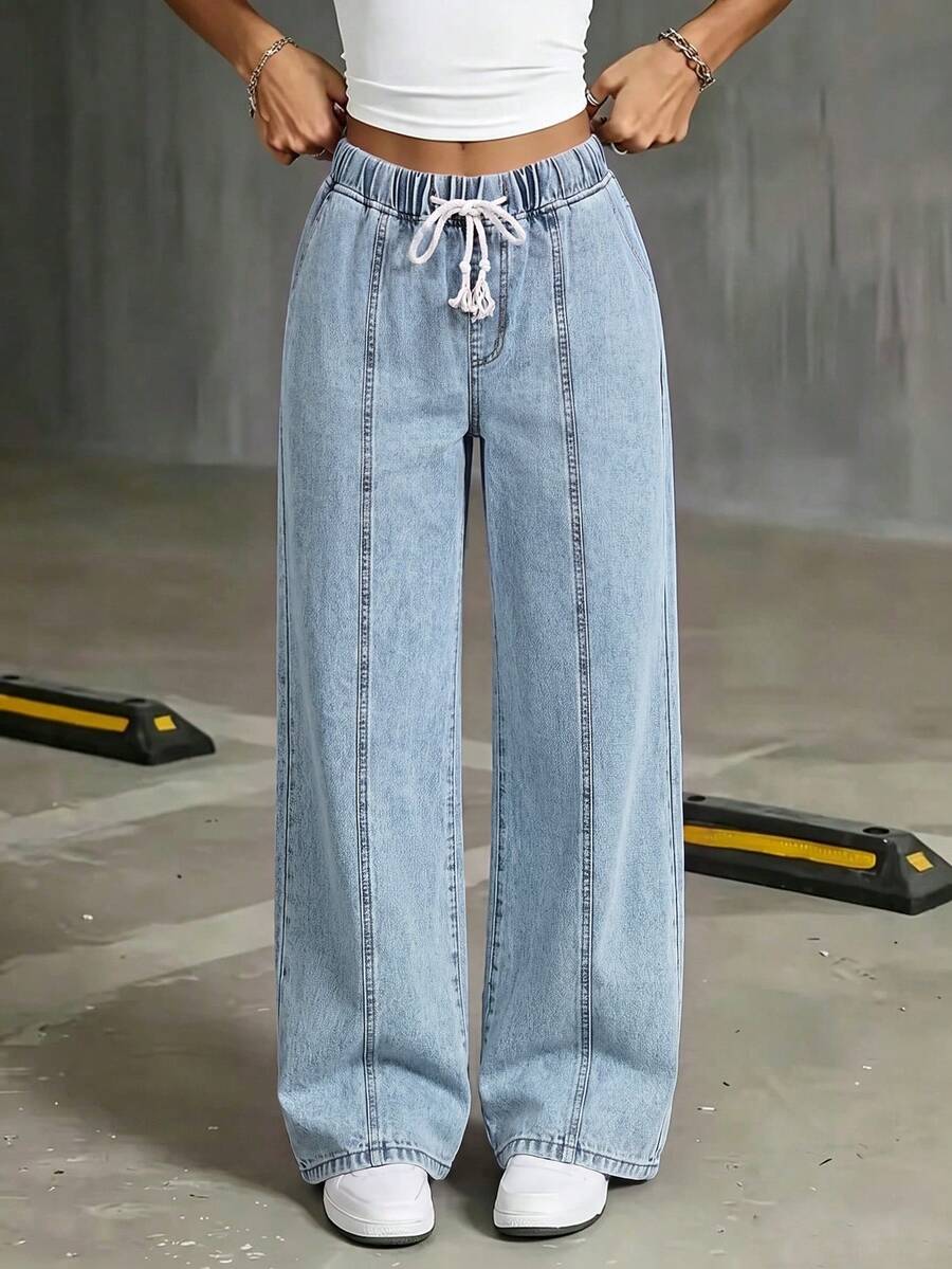 Plus Size Light Blue Washed Drawstring Elastic Waist Cropped Jeans With Front Vertical Seam Loose Wide Leg Casual Pants